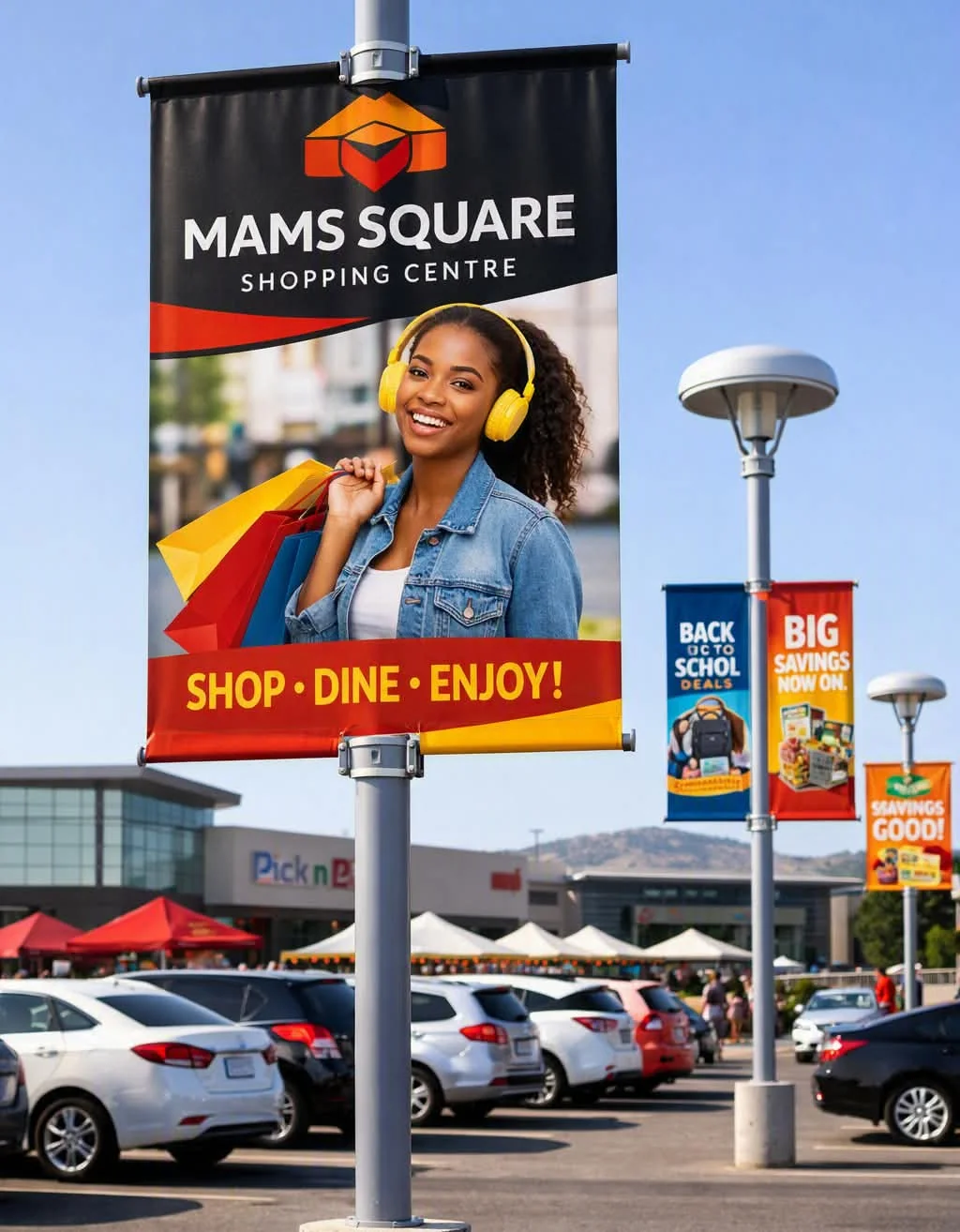 Client-supplied shopping-centre pole banner reference